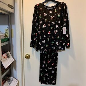 2Pc JoySpun Black Pajama Set with Holiday Dogs and Cats - Size L / 12-14 - NWT